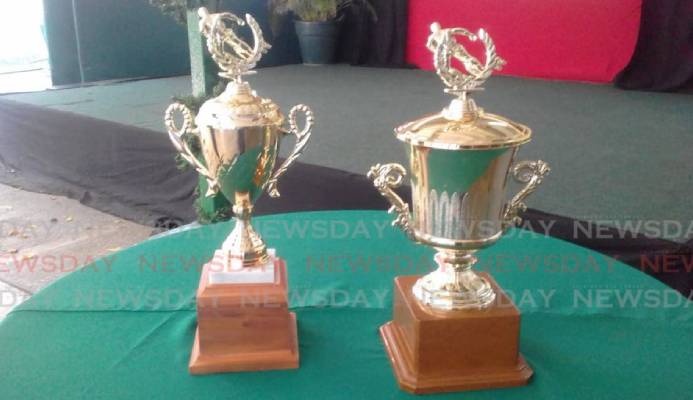 Trophies which will be at stake at this weekend’s TT International Rugby Sevens tournament. PHOTO BY JOEL BAILEY - Joel Bailey