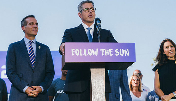 Left to right: LA mayor Eric Garcetti, now-LA28 chairman Casey Wasserman, LA28 athlete relations director Janet Evans // photo LA28