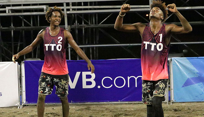 T&T's Daynte Stewart (#1) and Marlon Phillip (#2) celebrate their quarterfinal win over Dominican Republic's Victor Castillo and Alexi Medina during the third leg of the 2019 NORCECA Beach Volleyball Tour in Managua, Nicaragua on Saturday night. The T&T men won 21-12, 18-21, 15-8. Photo: NORCECA