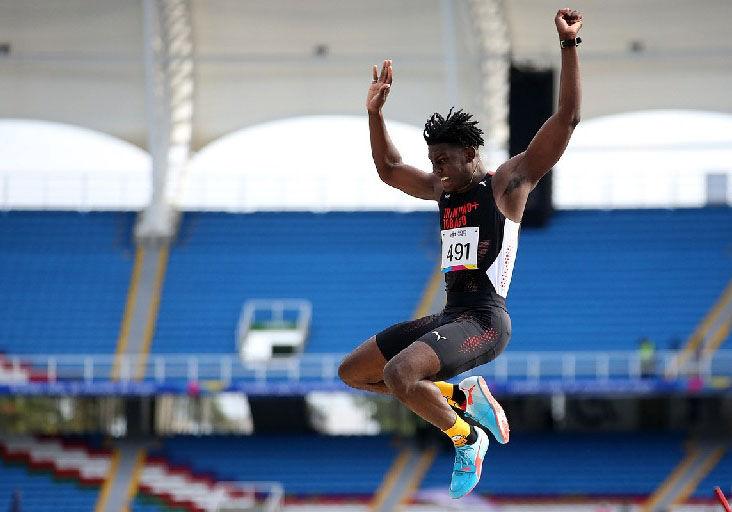 MOSES 8TH IN DECATHLON: Anson Moses competes in the Junior Pan American Games men’s decathlon long jump at the Pascual Guerrero Stadium in Cali, Colombia, on Tuesday. The Trinidad and Tobago athlete jumped 6.56 metres. Moses completed the 10-discipline event with 5,295 points to finish eighth. -Photo courtesy www.calivalle2021.com