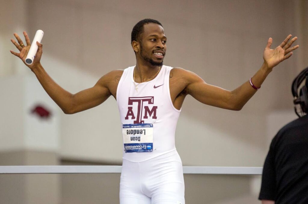 In this file photo, Texas A&M’s Deon Lendore celebrates after running the anchor leg of the 1,600 relay during the NCAA indoor track and field championships on March 14, 2015, in Fayetteville, Ark. AP Photo -