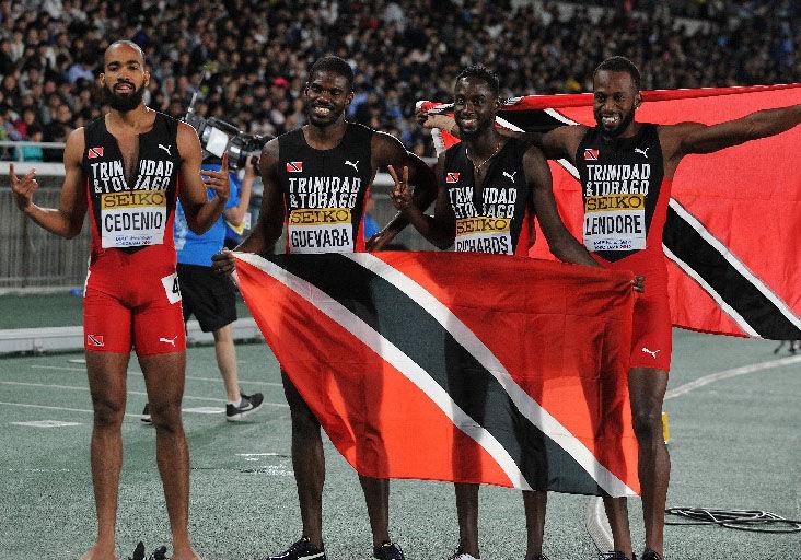 FOND MEMORY: Machel Cedenio, left, Asa Guevara, Jereem “The Dream” Richards and Deon Lendore celebrate Trinidad and Tobago’s victory in the 2019 IAAF World Relays men’s 4x400 metres final at International Stadium Yokohama, in Japan. —Photo: BAHAMAS ATHLETICS/KERMIT TAYLOR