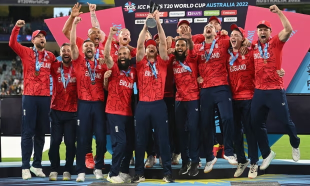 England celebrate after winning the men’s T20 World Cup final against Pakistan in November 2022 at the Melbourne Cricket Ground. Photograph: Morgan Hancock/NurPhoto/Shutterstock (Image obtained at theguardian.com)