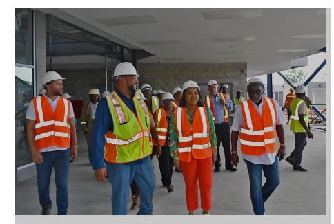 Caption: Stakeholders tour the refurbishment works of Skinner Park Sporting Facility, San Fernando November 21, 2022, (from left to right in photo) Minister of Tourism, Culture and the Arts, Randall Mitchell, Senior project manager - UDeCOTT Terrence Beepath, second from left, the Hon Shamfa Cudjoe, Minister of Sport and Community Development, second from right, and NCC chairman Winston ‘Gypsy’ Peters at right. Background: Noel Garcia, chairman, UDeCOTT. Picture courtesy MSCD (Image obtained at guardian.co.tt)