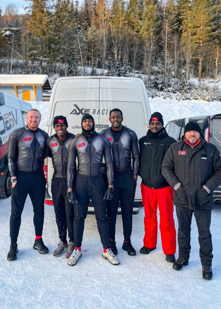 L-R: Pilot Axel Browne, De Aundre John, Xaverri Williams, Nicholas King, Wayne Garrett and coach Lee Johnston. - Steffensphoto (Image obtained at newsday.co.tt)